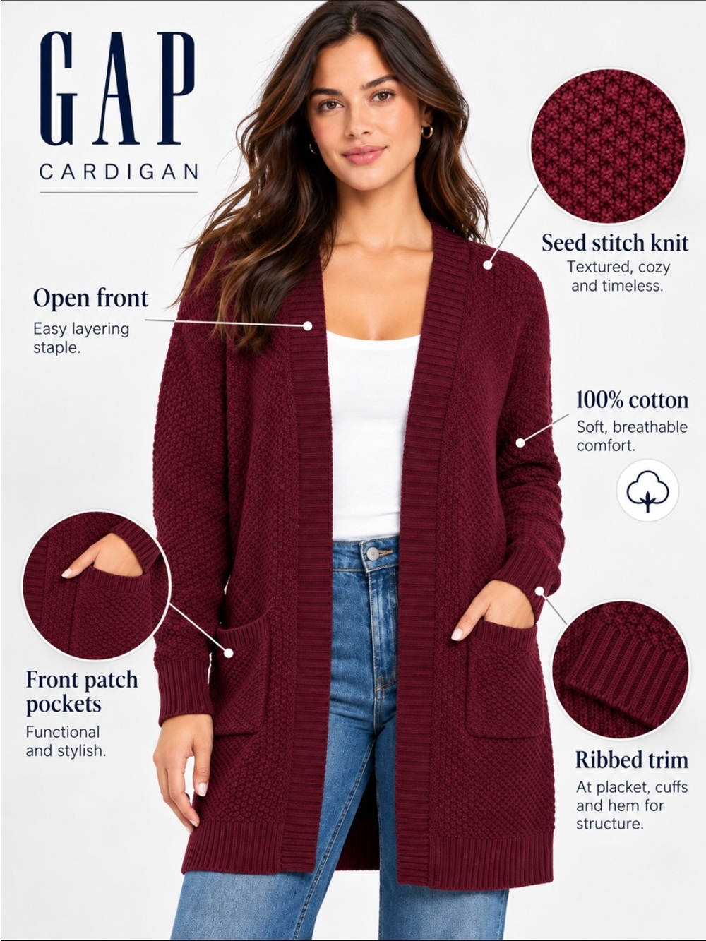 Gap Women's Long Sleeve 100% Cotton Open Cardigan Seed Knit with Pockets 😍
